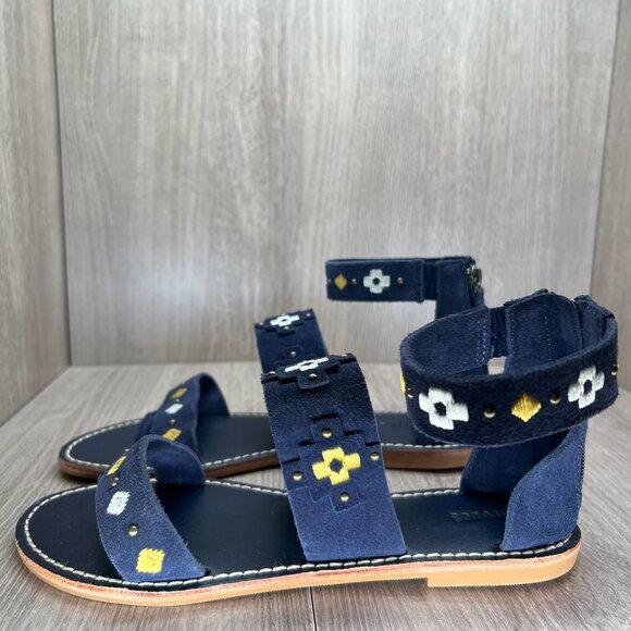 Soludos Embroidered Three Banded Flat Sandals Womens 8 Ankle Zip Suede Navy Blue - Picture 2 of 10